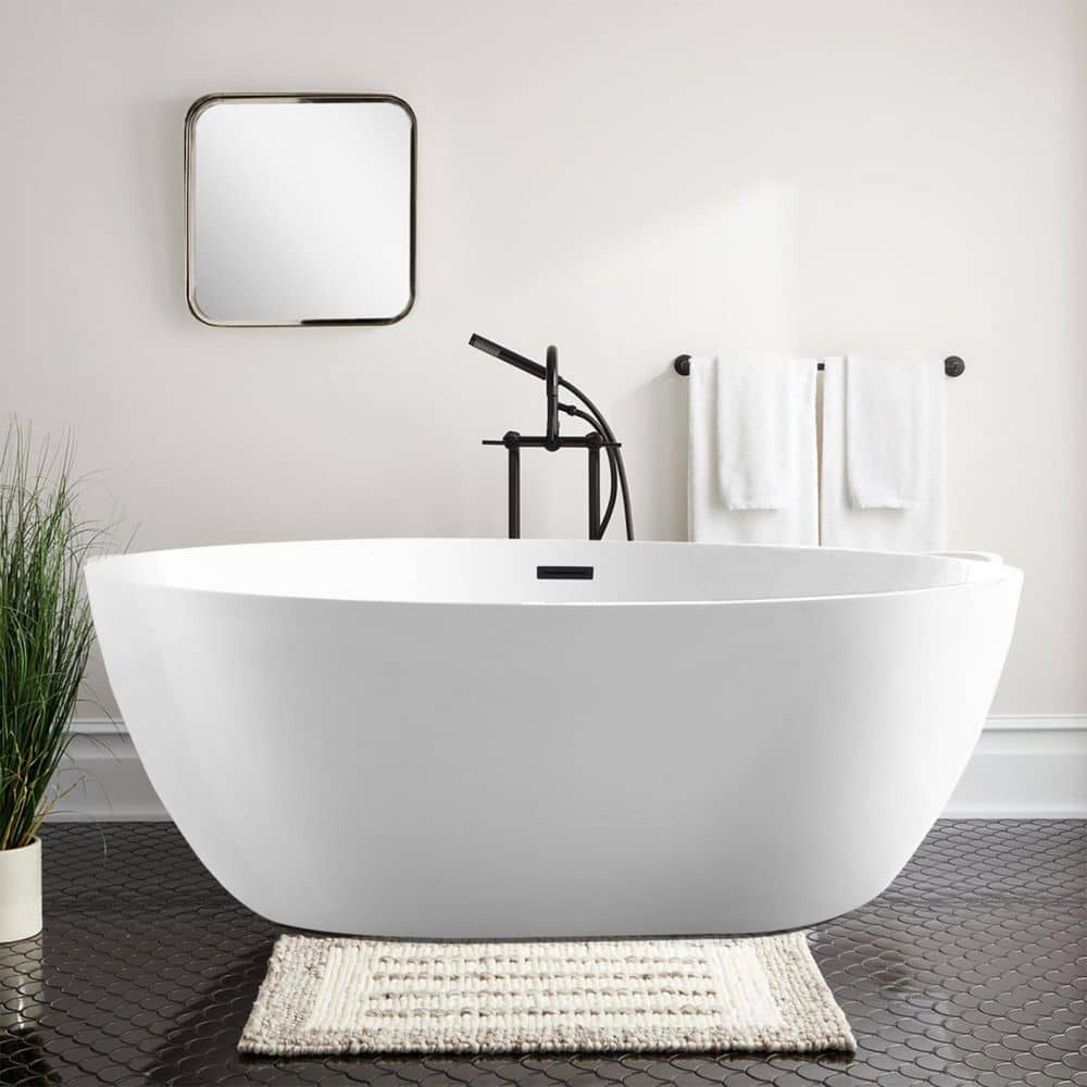 59" White Acrylic Freestanding Soaking Bathtub with Matte Black Drain
