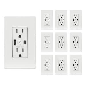 25-Watt 15 Amp Type A and Type C USB Wall charger with Duplex Tamper Resistant Outlet, White (10-Pack)