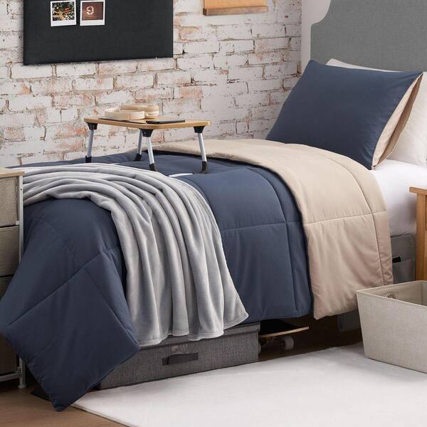 The Sheet Lab Box Stitch Reversible 3-Piece Blue/Tan Solid