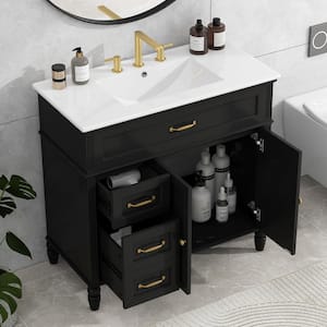 36 in. W x 18.5 in. D x 34.4 in. H Single Sink Freestanding Bath Vanity in Black with White Ceramic Top