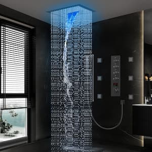 Thermostatic LED 15-Spray 16 in. Dual Ceiling Mount Fixed and Handheld Shower Head with Valve in Matte Black