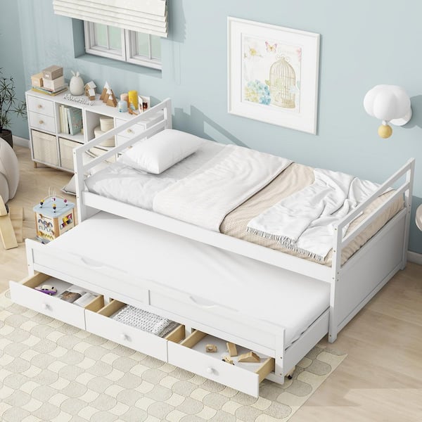 White Wood Frame Twin Size Platform Bed with Trundle and 3 Storage Drawers