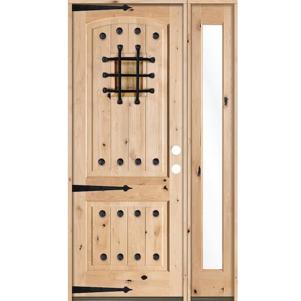 Krosswood Doors 50 in. x 96 in. Mediterranean Knotty Alder Arch Unfinished Left-Hand Inswing Prehung Front Door/Right Full Sidelite