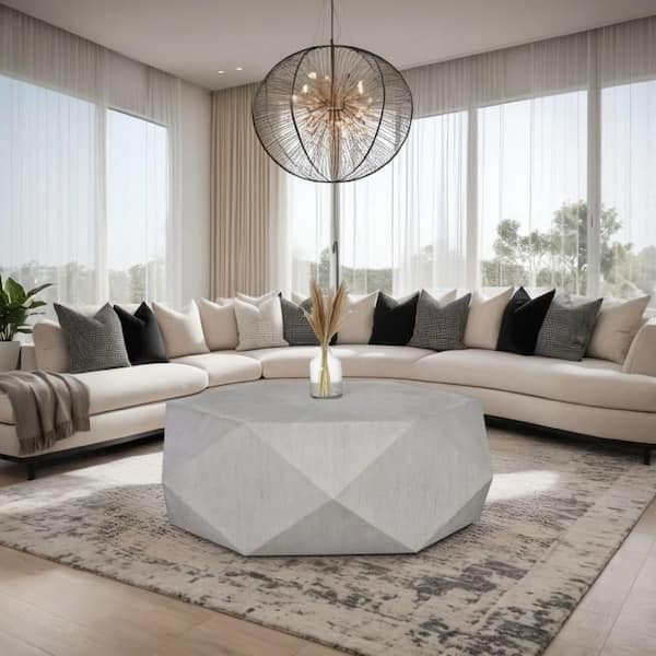 Benjara Hano 50 in. White Hexagon Wood Coffee Table with Geometric Plinth Base