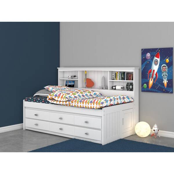 Casual White Twin Size Bookcase Daybed, Twin Bed With 6 Drawer Storage White