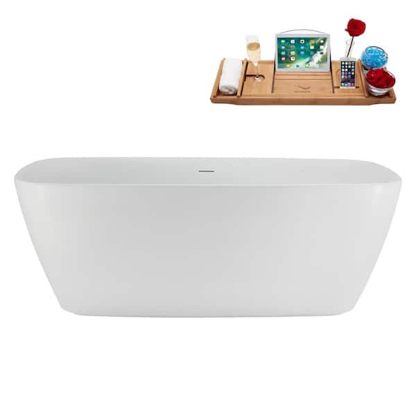 Streamline 59 in. x 28 in. Acrylic Freestanding Soaking Bathtub in Glossy White with Matte Oil Rubbed Bronze Drain, Bamboo Tray