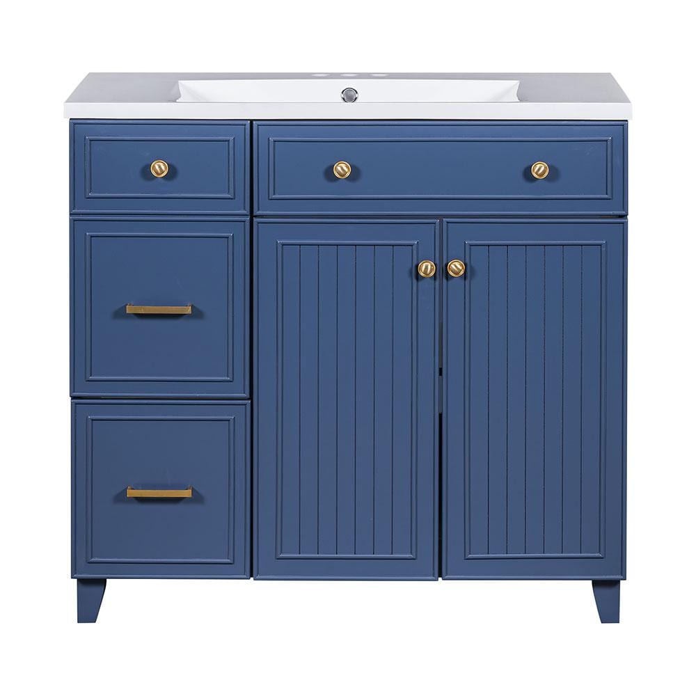 36 in. Transitional Style Freestanding Bath Vanity in Navy Blue with Resin 