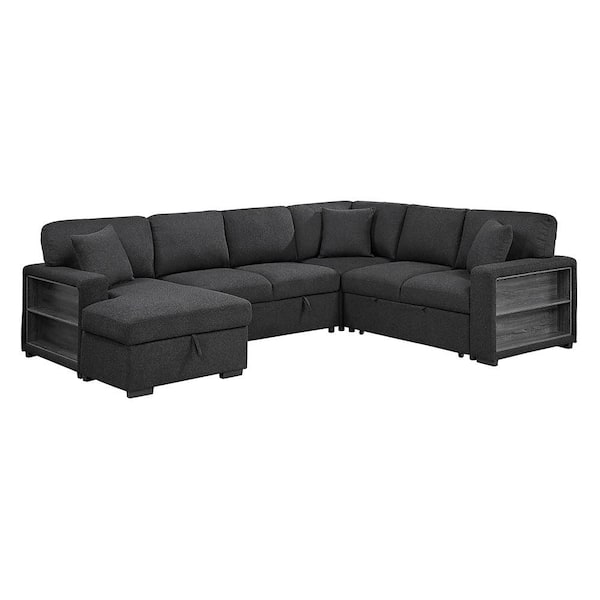 Pegosa 121 in. Straight Arm Boucle Fabric Sectional Sofa with Left Chaise, Pull-out Bed and Hidden Storages in Black