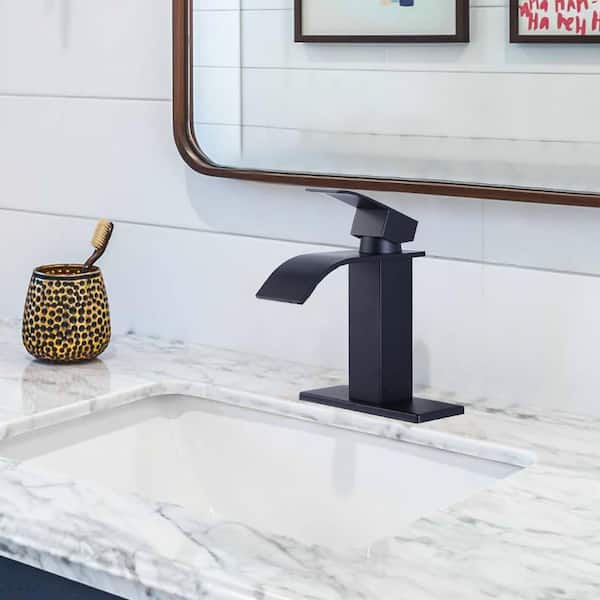 Modern Single Handle Bathroom Sink Faucet, Single Hole Basin Faucet with Deckplate and Supply Lines in Matte Black