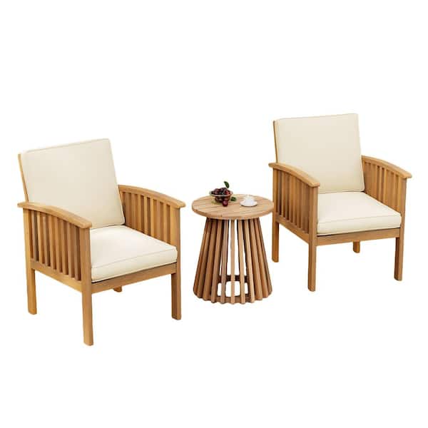 Outdoor Acacia Wood Conversation Sets with Foldable End Table for Garden, Patio and Deck (Brown Patina+Cream Cushion)