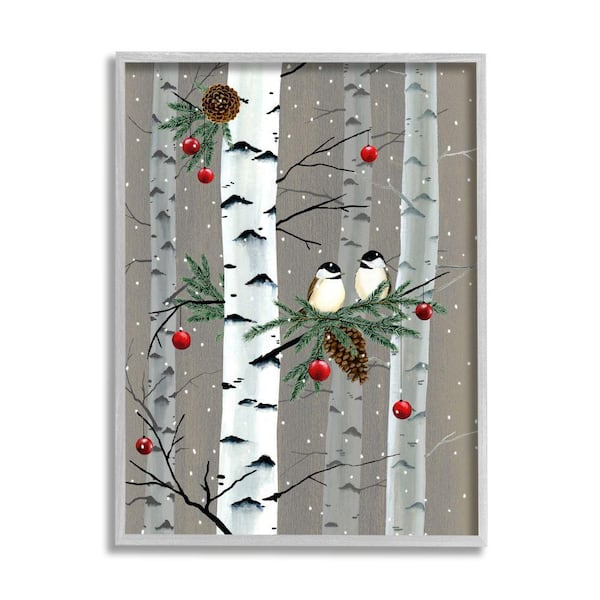 Stupell Industries "Birds and Holiday Ornaments Birch Tree Forest" by Grace Popp Framed Animal Wall Art Print 11 in. x 14 in.