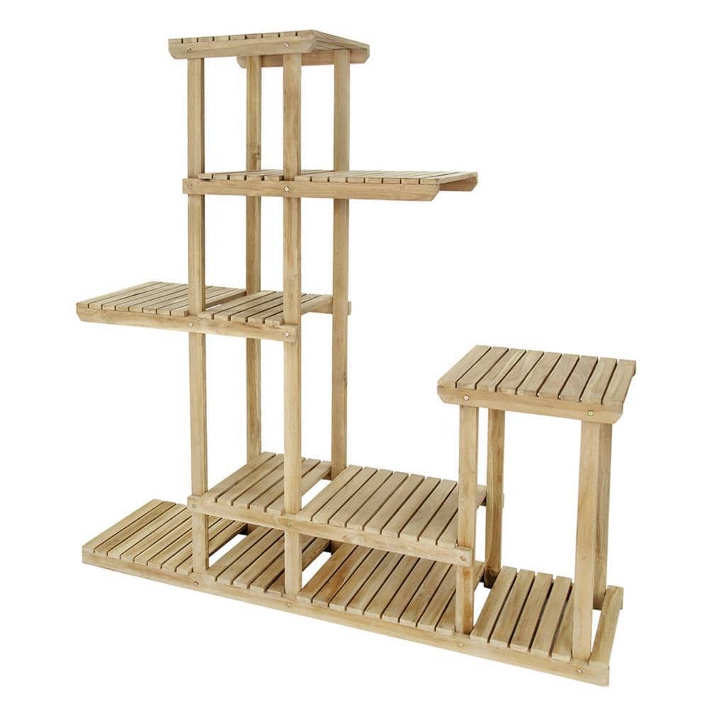 Benjara 66.9 in. Teak Wood Rectangular Wood Plant Stand with Multi