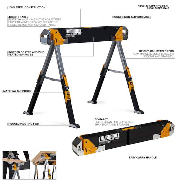 Details about   Toughbuilt Steel Folding Portable Saw Horse Heavy-Duty Adjustable 1300 lb Cap. 