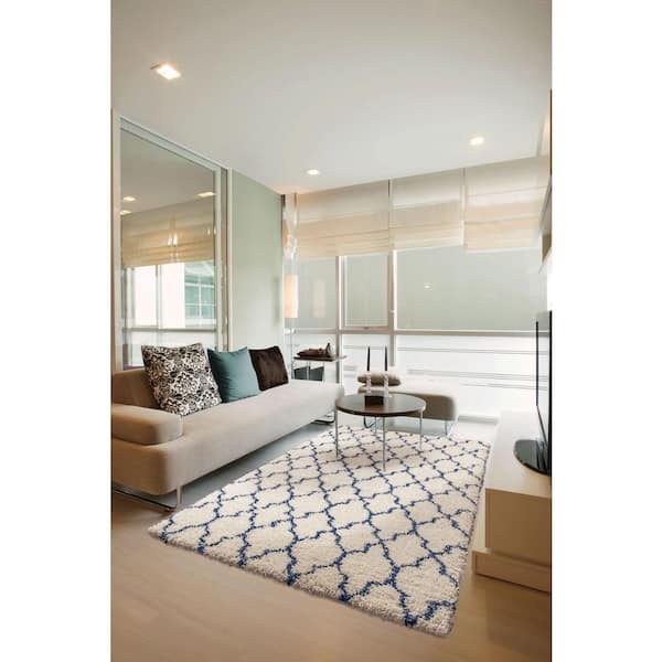 Amore Solid Ivory/Blue 4 ft. x 6 ft. Modern Shag Area Rug