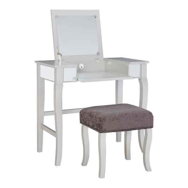 Harper Silver Vanity Set with Padded Grey Velvet Fabric Stool