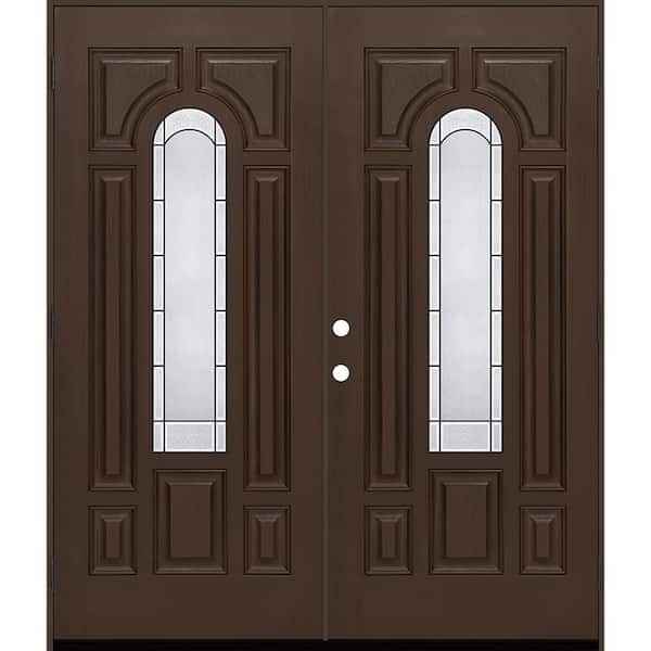 Regency 72 in. x 80 in. Center Lite Empire Deco Glass LHOS Hickory Fiberglass Double Prehung Front Door with 4-9/16 Jamb
