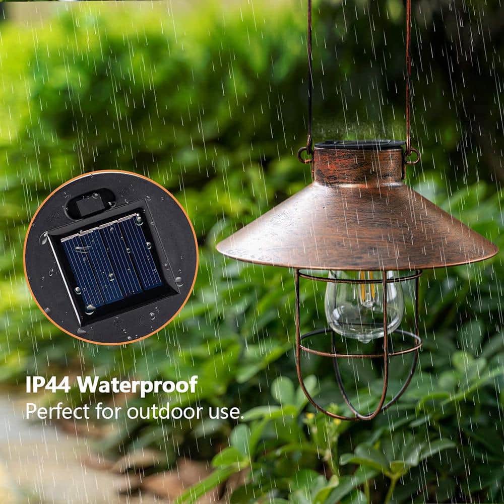 Brushed Copper Solar LED Hanging Lantern with Shepherd Hook, 2-Pack