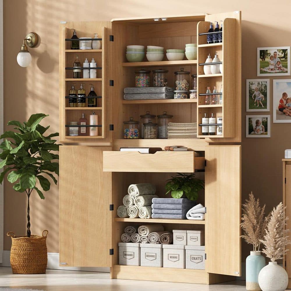 Farmhouse Natural Wood 31.5 in. Curved Kitchen Island Adjustable Shelves Pantry Cupboard with Hidden Drawer and 4-Door price history on PriceWatchPro