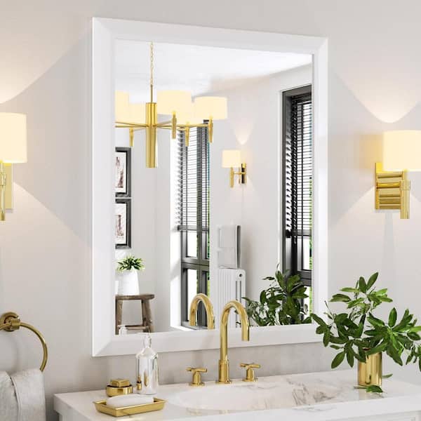 Apmir 40 in. W x 32 in. H Rectangular Aluminum Alloy Framed and Tempered Glass Wall Bathroom Vanity Mirror in Matte White