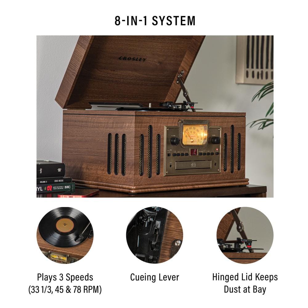 Walnut Vintage Style 8-in-1 Record Player with Bluetooth