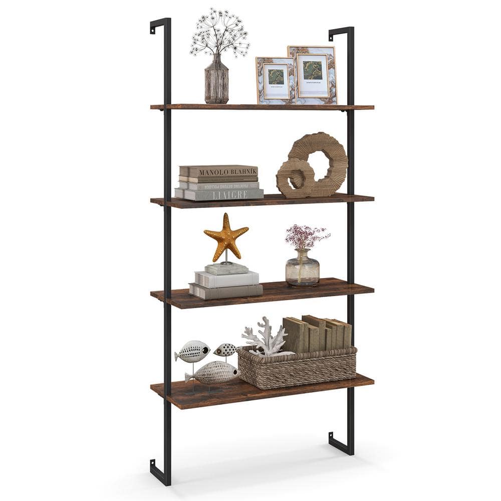 Rustic Brown 4-Tier MDF and Metal Ladder Bookshelf