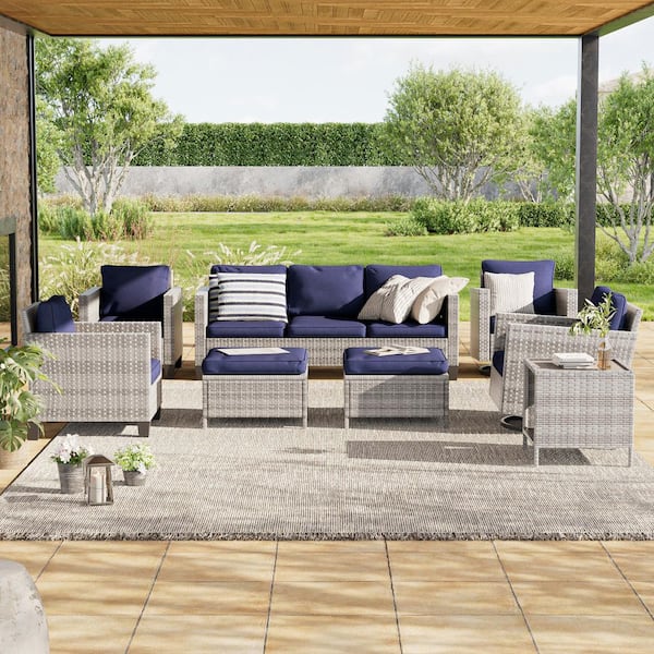 8-Piece Patio Outdoor Grey Wicker Conversation Seating Set Thickening Navy Blue Cushions With Swiveling Rocker