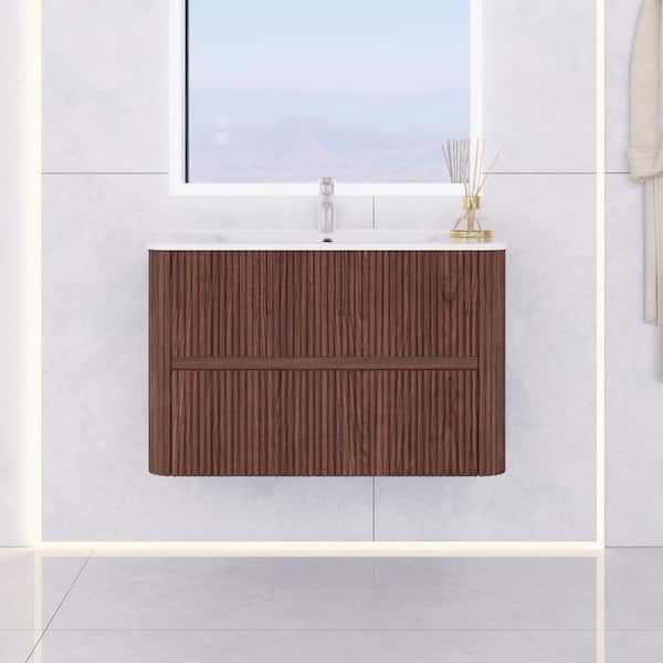 NOOR 30 in. W Single Sink Wall-Mounted Bath Vanity in Deep Walnut with White Ceramic Top