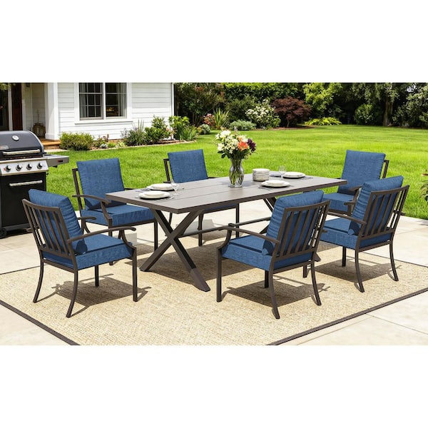 7-Piece Metal Outdoor Dining Set with 6 Dining Chairs, 1.5 in. umbrella hole for Rectangular Table and Cushion Navy Blue