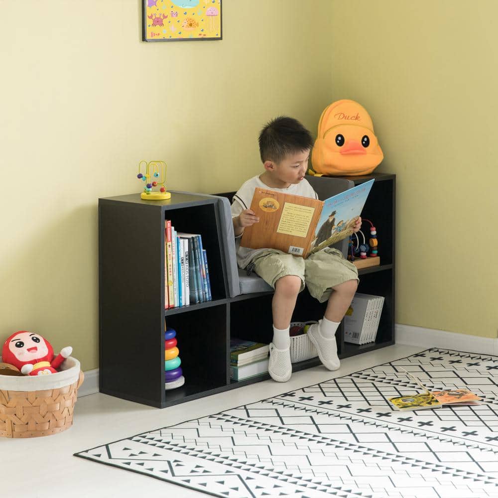Black Wood Kids Bookshelf with Cushioned Reading Nook and Storage Cubes