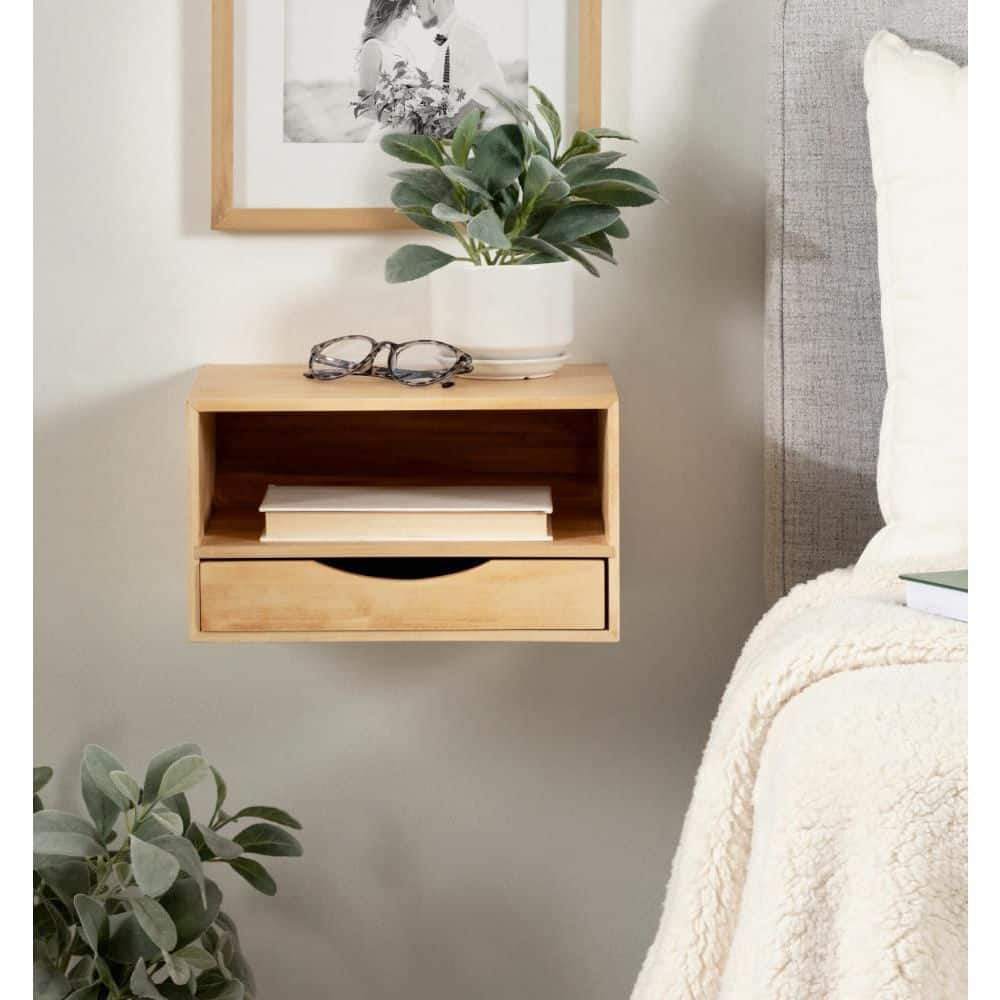 Natural Wood Floating Shelf with Drawer and Cubby