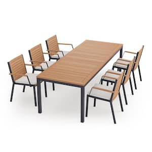 Monterey 7 Piece Aluminum Teak Outdoor Patio Dining Set in Canvas Natural Cushions with 96 in. Table