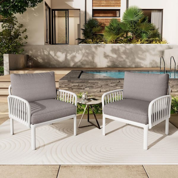 CHRISTOPHER KNIGHT HOME Modulo White Plastic Frame Outdoor Patio Lounge Chair with Light Gray Cushions, Set of 2