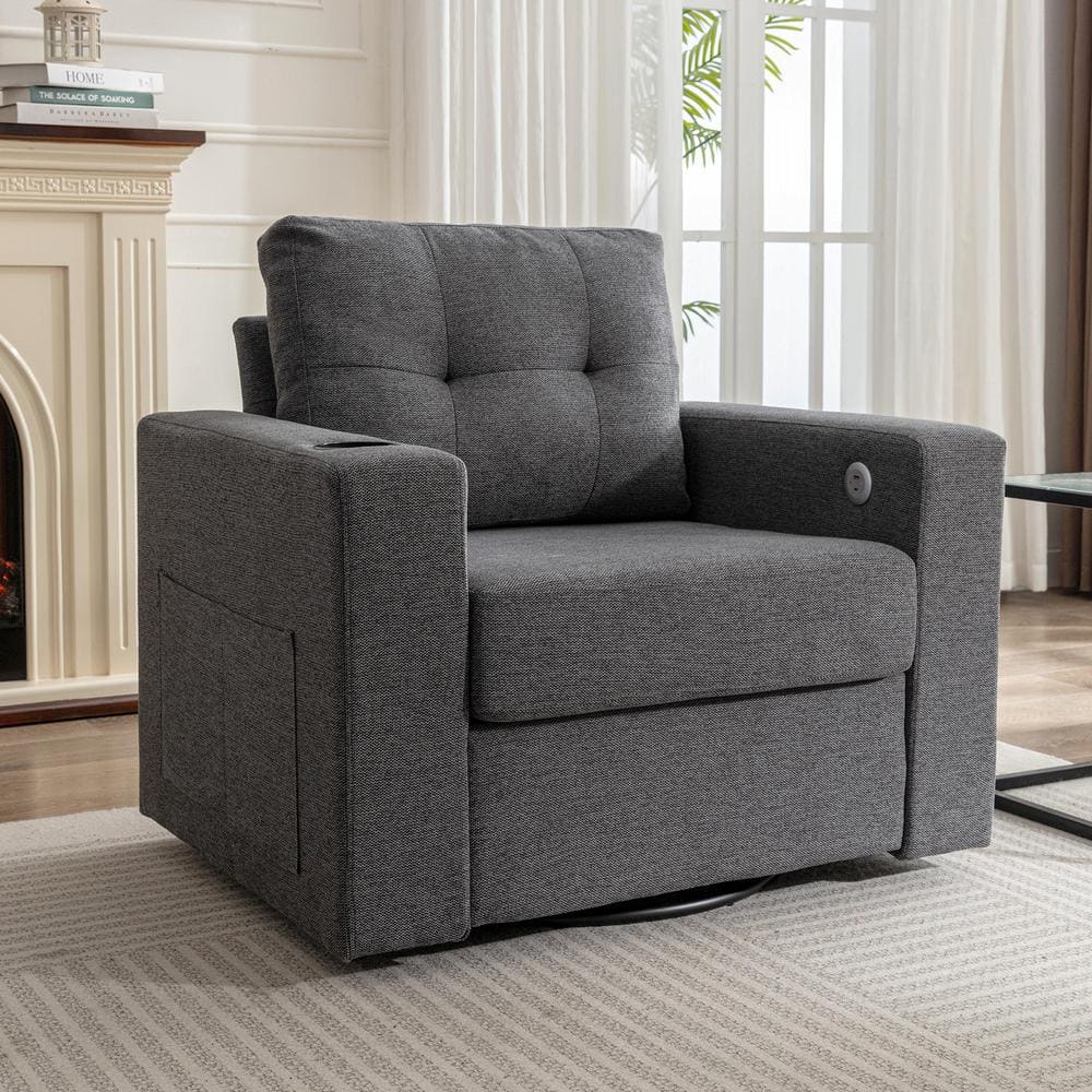 Gray Velvet Upholstered 90-Degree Swivel Arm Chair, Accent Chair with Drink Holder, USB Charging, 2 Side Pockets -  Harper & Bright Designs, GCCPAMP152015