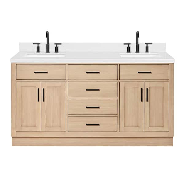 Hepburn 66 in. W x 22 in. D x 36 in. H Double Freestanding Bath Vanity in Oak with Carrara White Quartz Top