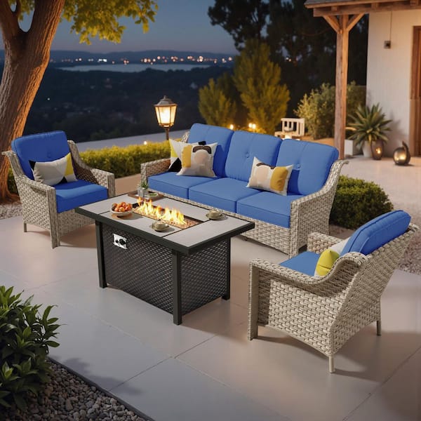 EternalOasis 4 Pieces Wicker Outdoor Patio Rectangular Fire Pit Set with Diamond Blue Cushions