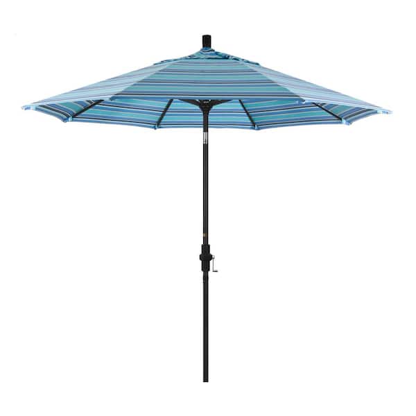 California Umbrella 9 ft. Stone Black Aluminum Market Patio Umbrella with Collar Tilt Crank Lift in Dolce Oasis Sunbrella