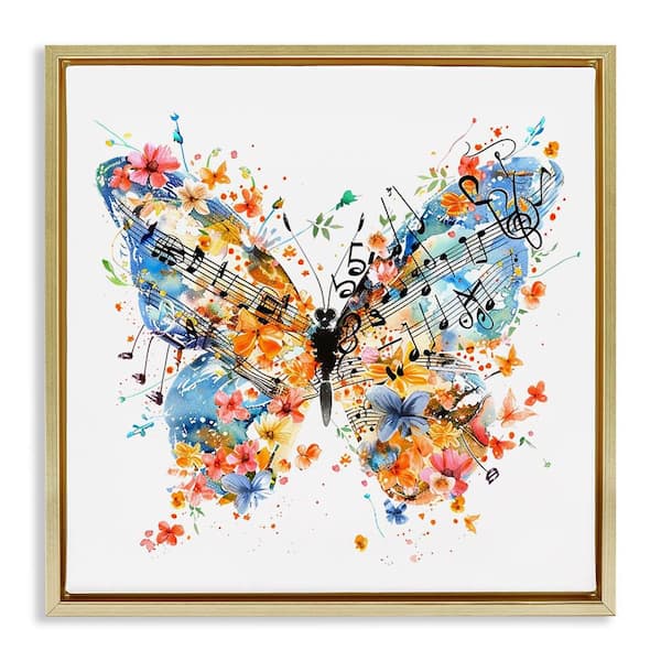 Stupell Industries Song Notes Butterfly by LSR Design Studio Gold Floater Frame Animal Graphic Art Print 18 in. x 18 in.