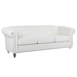 84 in. W Rolled Arm Chesterfield Polyester 3-Seater Straight Sofa with Removable Cushion in White