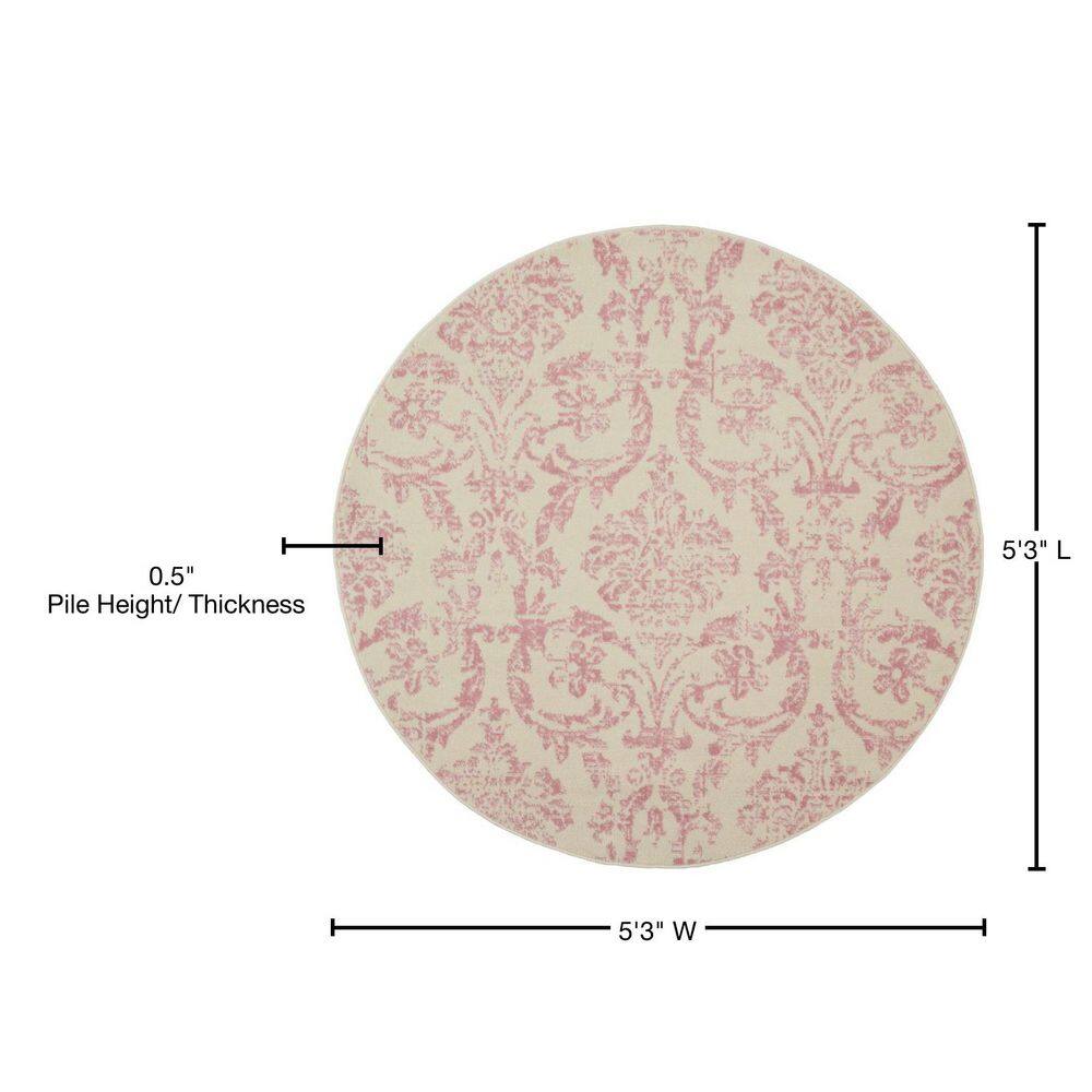 Jubilant Ivory and Pink Round Synthetic Area Rug, 5'3"