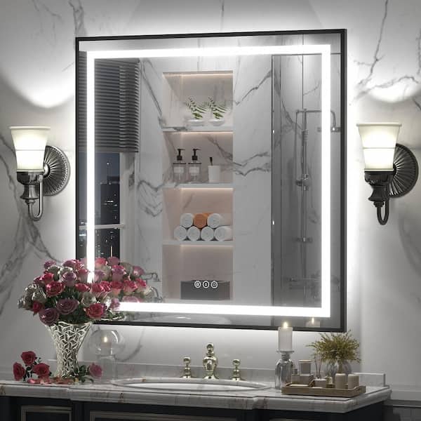 Apmir 36 in. W x 36 in. H Square Framed Front and Back LED Lighted Anti-Fog Wall Bathroom Vanity Mirror in Tempered Glass