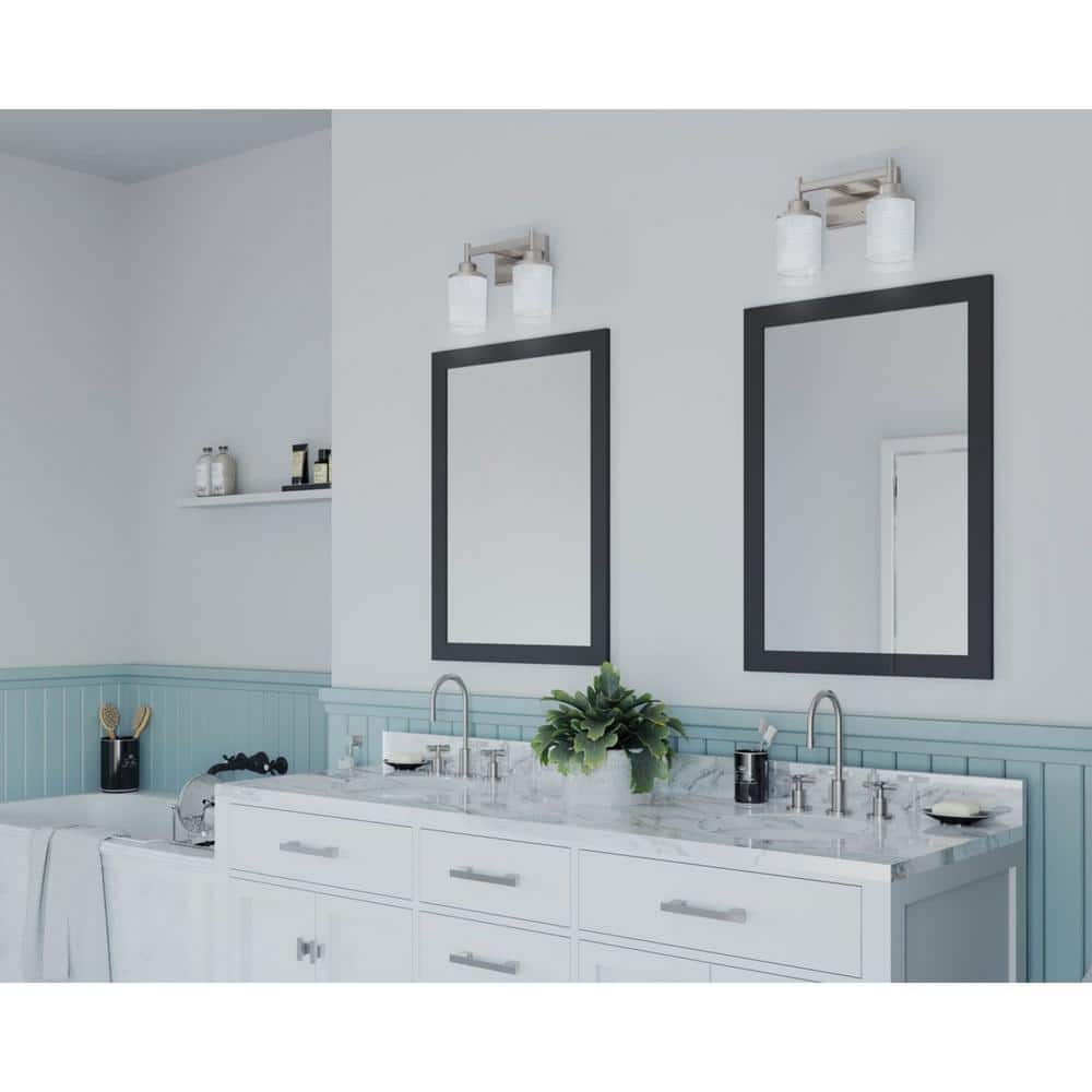 Brushed Nickel 2-Light Bath Fixture with White Linen Glass Shades