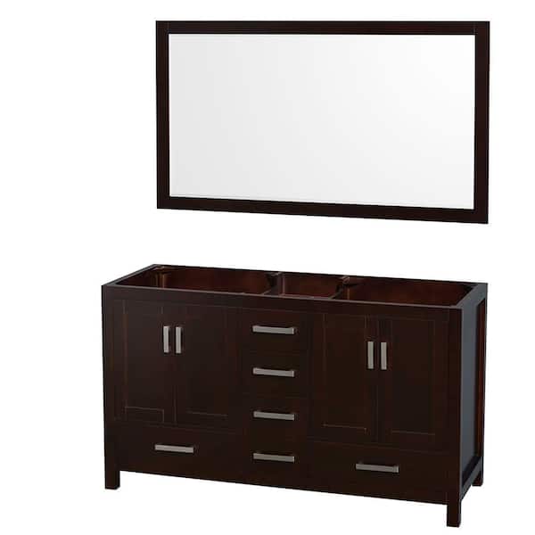 Wyndham Collection Sheffield 59 in. W x 21.5 in. D x 34.25 in. H Double Bath Vanity Cabinet without Top in Espresso with 58" Mirror