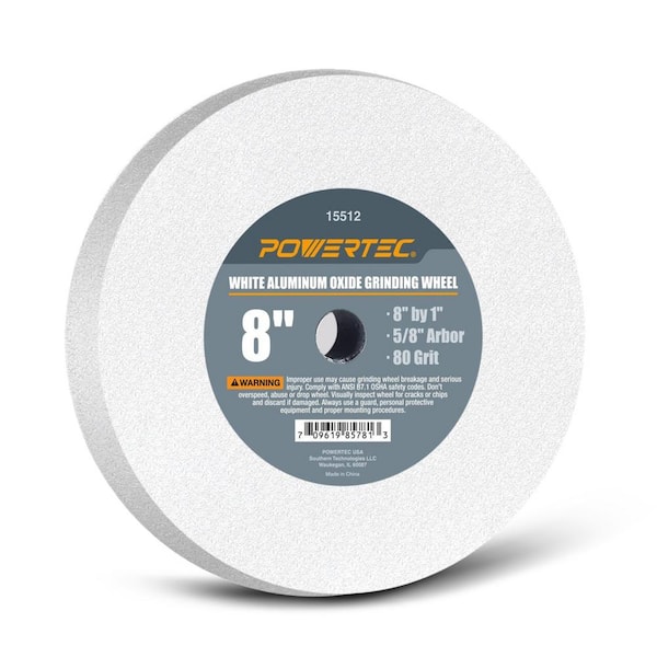 POWERTEC 8 in. x 1 in. 80-Grit 5/8 in. Arbor White Aluminum Oxide Grinding Wheel for Bench Grinder