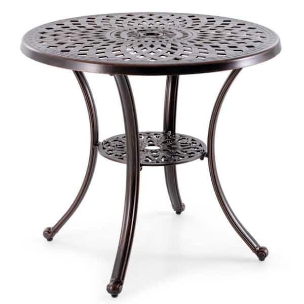31 in Round Cast Aluminum Outdoor Table with Umbrella Hole and Storage Shelf Red Copper