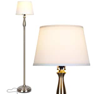 Gabriella 64 in. Brushed Nickel Mid-Century Modern 1-Light LED Energy Efficient Floor Lamp with White Fabric Drum Shade