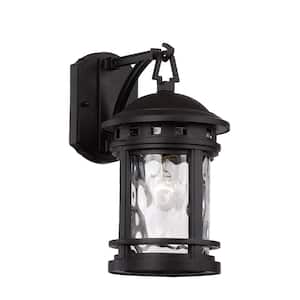 Boardwalk 12.5 in. 1-Light Black Outdoor Wall Light Fixture with Clear Water Glass