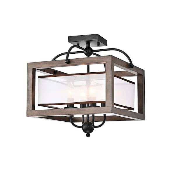 Jojospring Nieves 16 in. 4-Light Antique Black Metal Natural Wood Semi-Flush Mount with Fabric Shade and No Bulbs Included