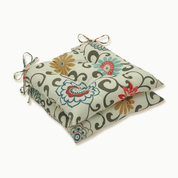 Pillow Perfect Floral 19 x 19 2-Piece Outdoor Dining chair Cushion in Blue/Brown Pom Pom Play