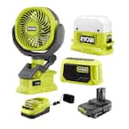 ONE+ 18V Cordless 3-Tool Campers Kit with Area Light, Bluetooth Speaker, 4 in. Clamp Fan, 1.5 Ah Battery, and Charger