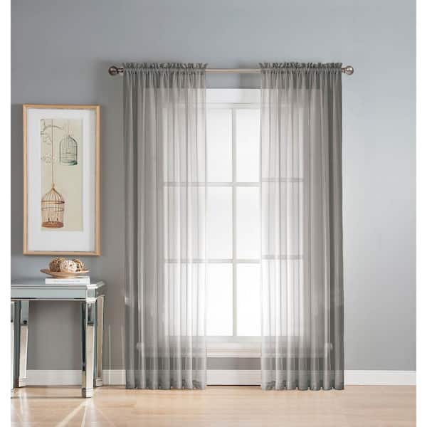 Sheer Voile 2-Piece Gray Curtain Panel Solid Window Treatment 63" Long New 